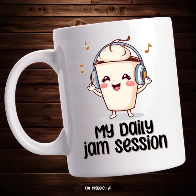 Funny coffee cup character wearing tiny headphones, grooving energetically to invisible music with a huge, happy grin on its face.