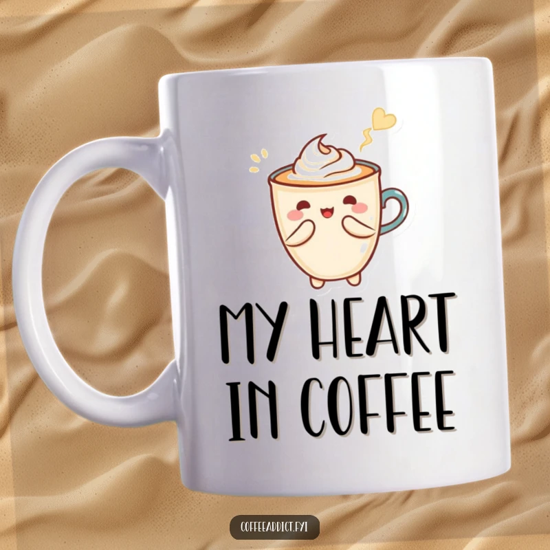 Funny Kawaii mug depicting latte art forming a heart shape with a graceful flourish, bringing warmth and charm.