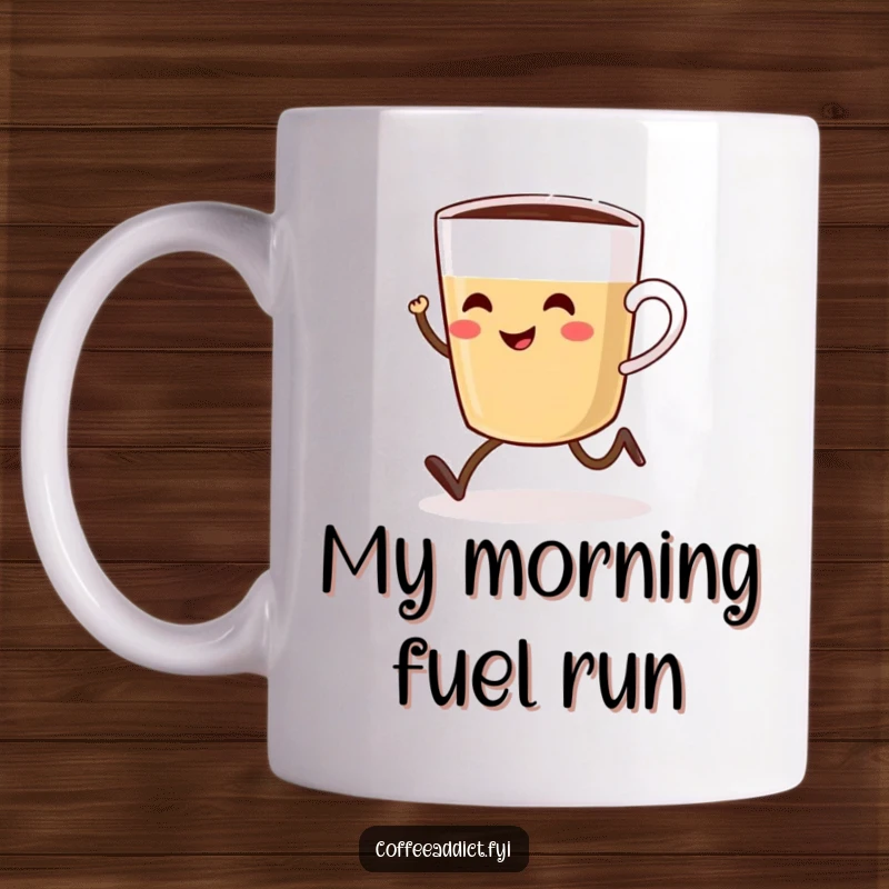 Funny coffee cup with tiny legs joyfully sprinting toward a steaming pot on a mug, capturing morning energy.
