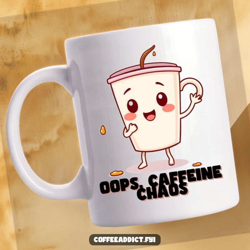 Funny mug featuring a coffee cup character doing a silly dance, comically spilling a few drops, embodying energetic mornings.