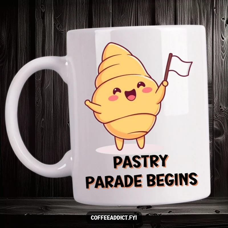 Funny mug showing a cheering croissant enthusiastically waving a tiny flag with pure delight.