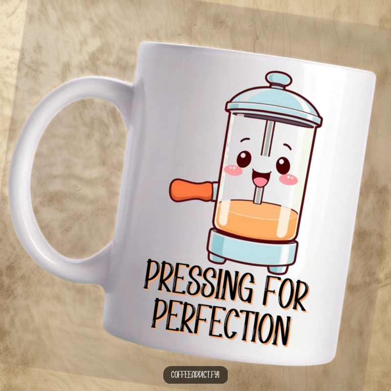 Funny Kawaii French press mug with a smiling character pressing down with gusto, perfect for coffee lovers.
