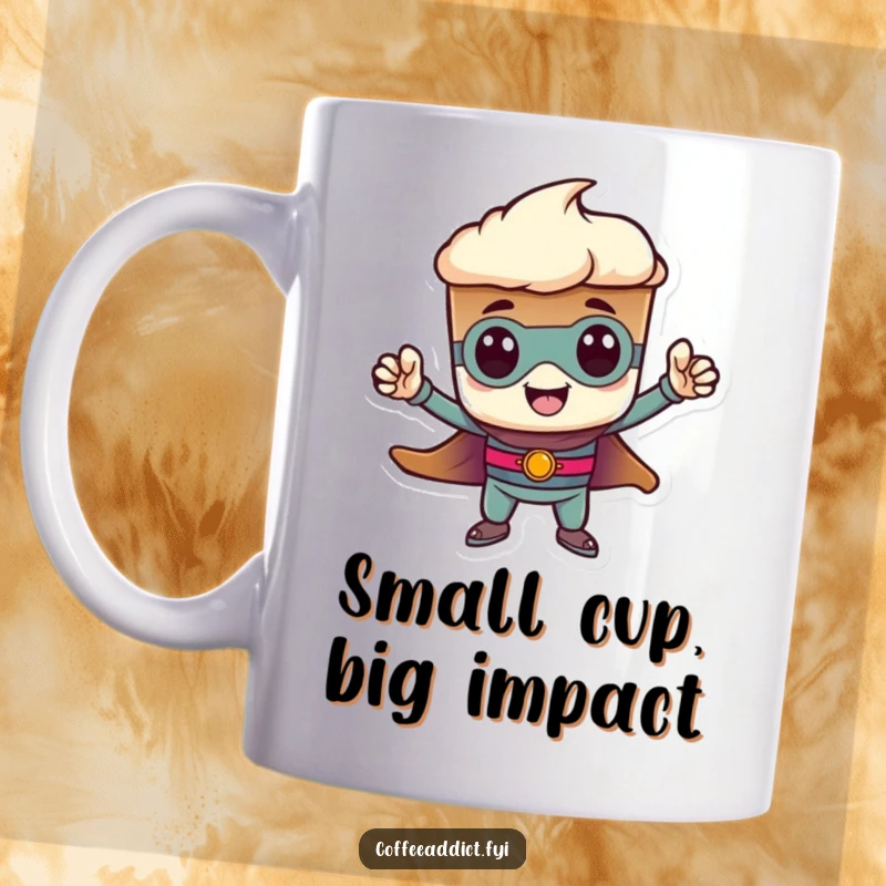 Funny heroic espresso shot mug, striking a tiny pose. A humorous and courageous design for coffee lovers, a great gift.
