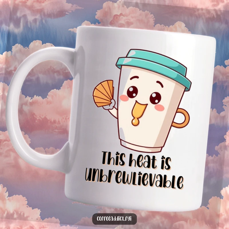 Funny coffee cup character with a happy dribble, fanning itself coolly on a hot day, showcasing its quirky personality.