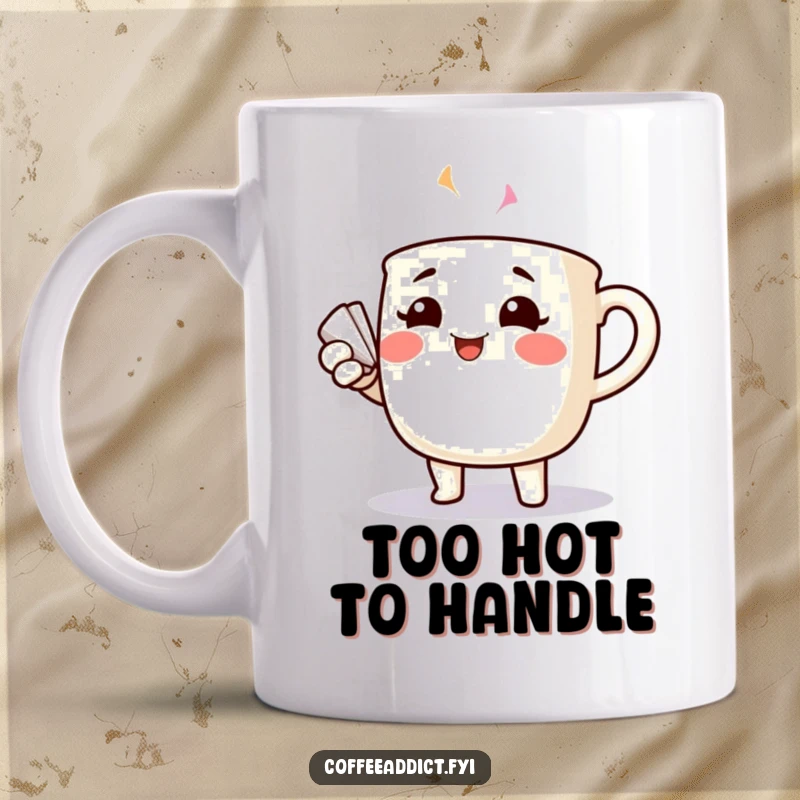 Funny cheerful coffee mug with rosy cheeks dramatically fanning itself, printed on a mug.