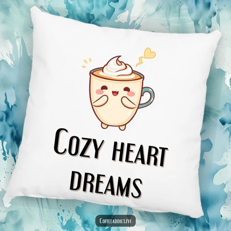 Funny decorative pillow featuring Kawaii latte art creating a heart shape with a flourish, perfect for a cozy touch.