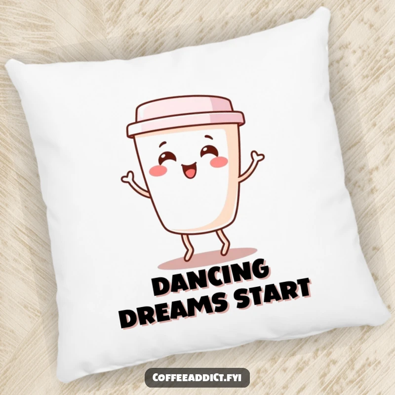 Funny Kawaii Coffee Cup Pillow featuring a cute character doing a happy little jig, adding cheerful and humorous comfort to any room.