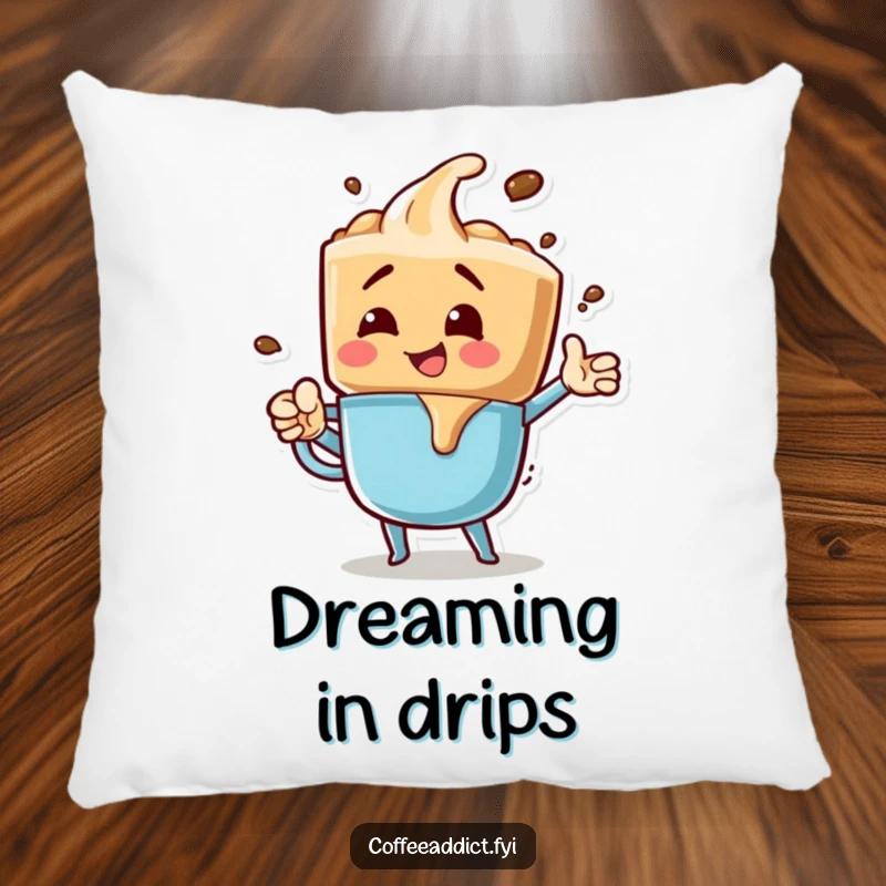 Funny pillow depicting an energetic coffee drip character in a bubbly pose, offering comfort and a splash of vibrant humor.