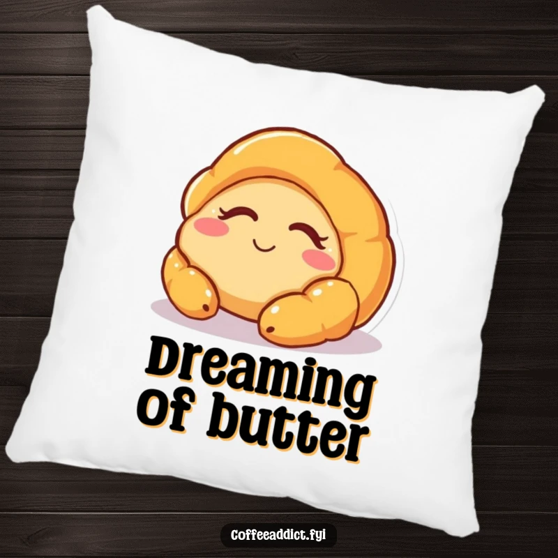 Funny decorative pillow with a sleepy croissant character smiling contentedly as it wakes up, providing cozy comfort and humor.