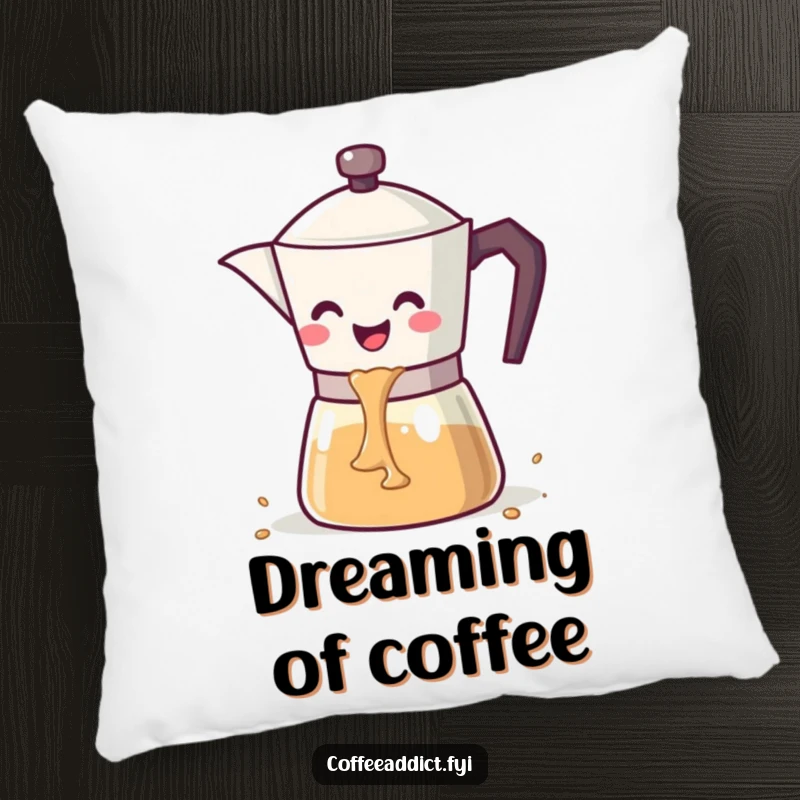 Funny kawaii coffee pot with a wide smile pouring a cascade of coffee, on a soft pillow.