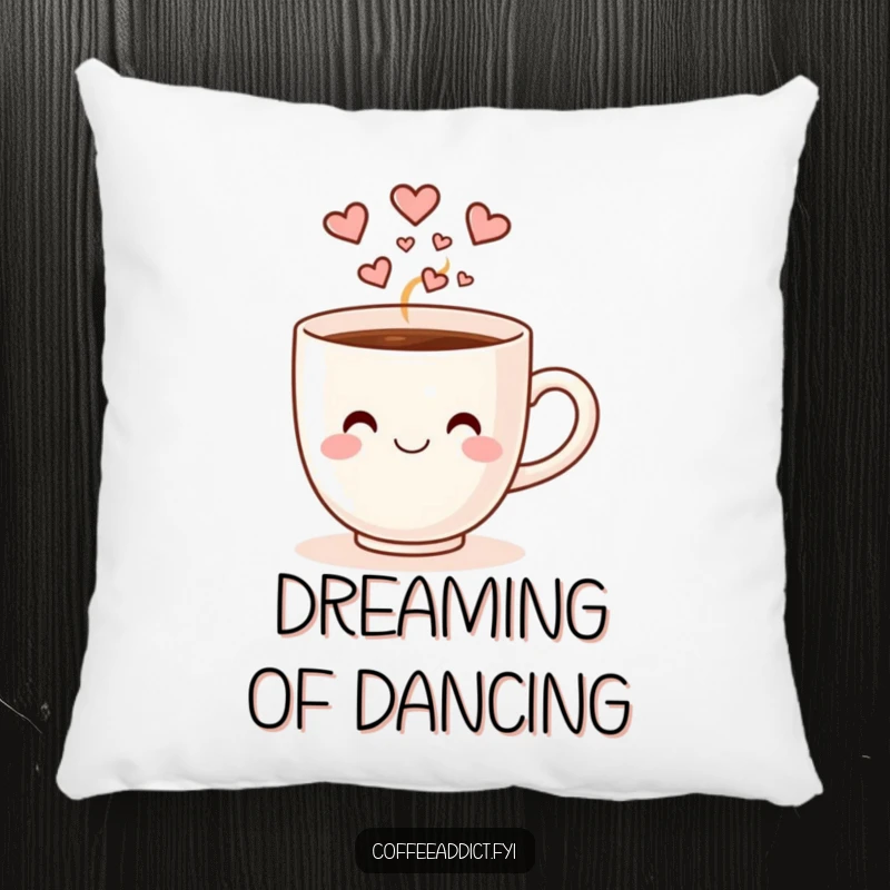 Funny smiling coffee cup with heart-shaped steam doing a happy dance, printed on a soft, plush pillow.
