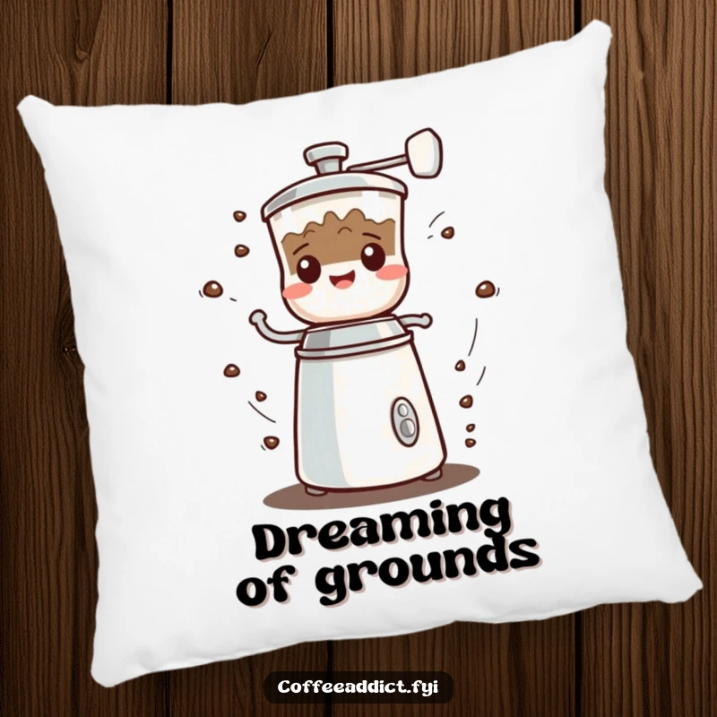 Funny Kawaii Coffee Grinder Pillow showing a small character spinning rapidly with a happy grumbled sound, perfect for comfort.