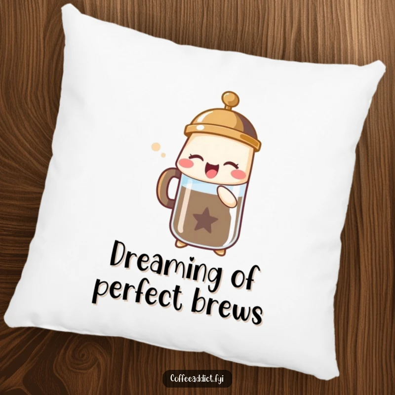 Funny pillow with a French press character in a bubbly sigh of joy, bringing comfort and quirky charm.