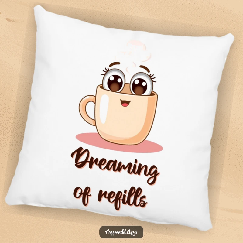 Funny pillow featuring a joyful coffee mug character floating upwards, offering comfort and a whimsical, uplifting vibe.