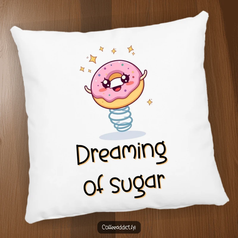 Funny decorative pillow featuring a delightful donut with starry eyes bouncing enthusiastically on a spring.