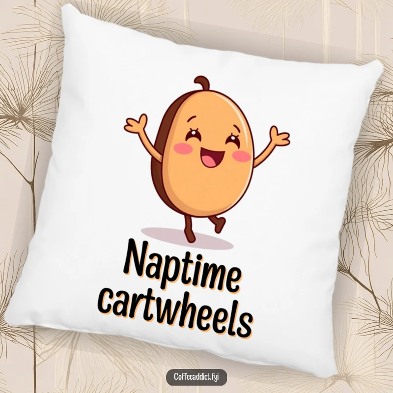 Funny Pillow featuring a smiling coffee bean in a cartwheel pose, offering plush comfort and a humorous touch.
