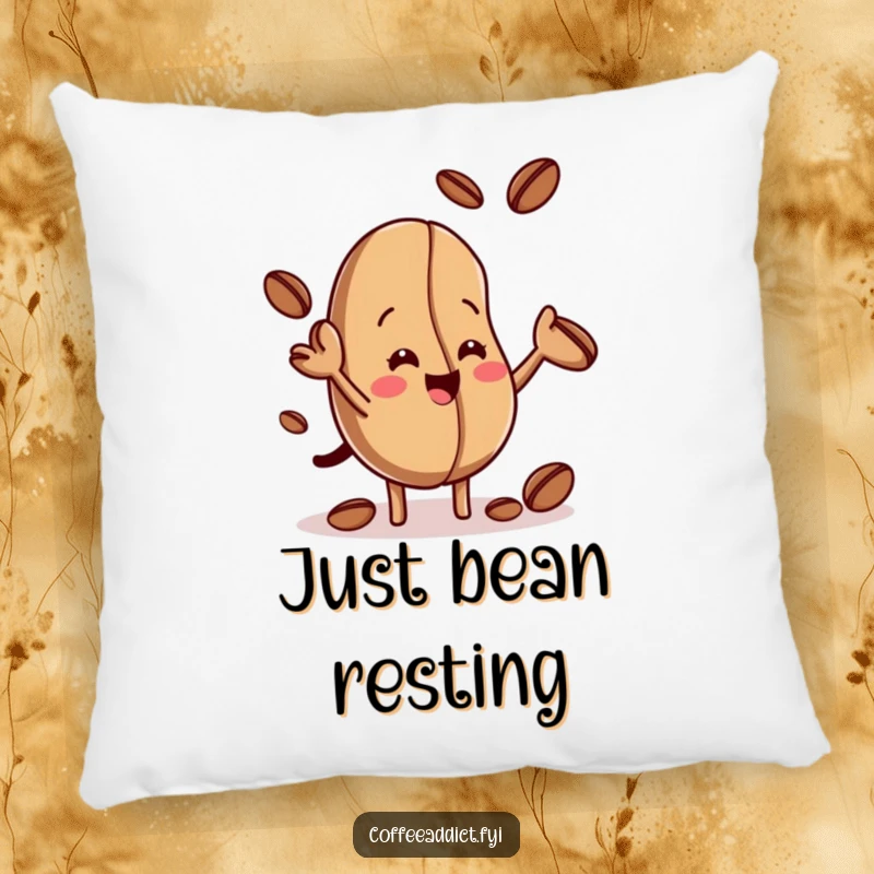 Funny throw pillow with a cute coffee bean juggling smaller versions of itself, adding whimsical comfort and humor to any seating area.
