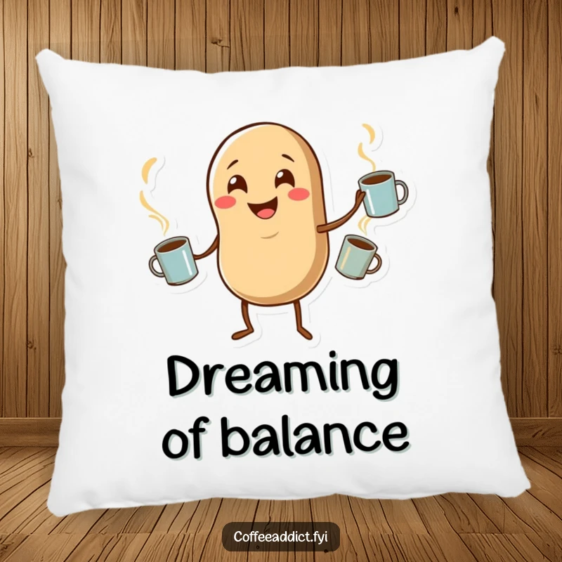 Funny pillow illustrating a happy coffee bean character juggling steaming mugs, adding comfort and humor to your decor.