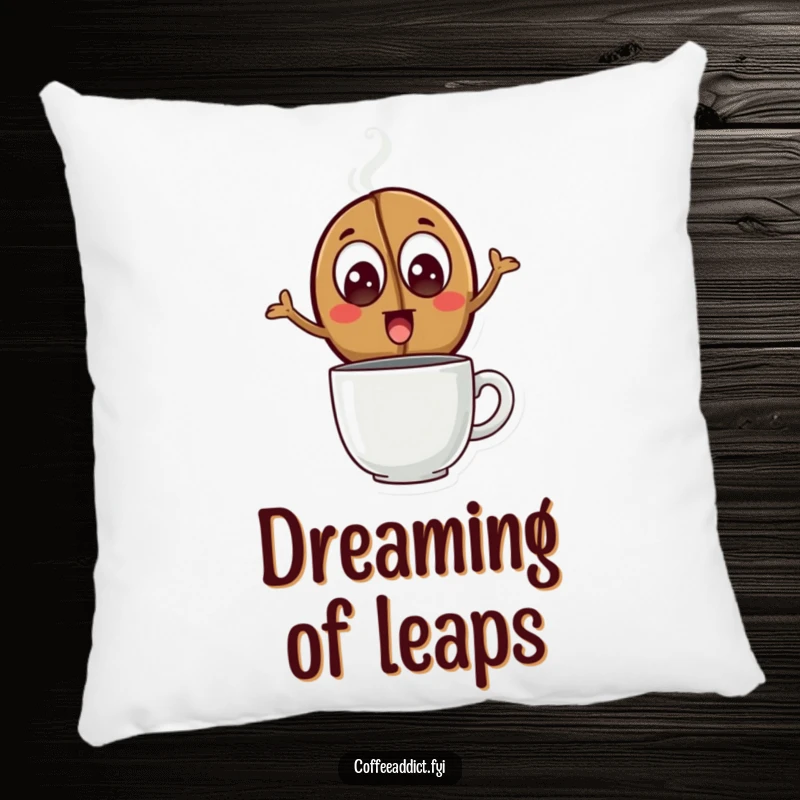 Funny Pillow featuring a coffee bean with wide, excited eyes leaping over a steaming mug, offering plush comfort and energetic humor.