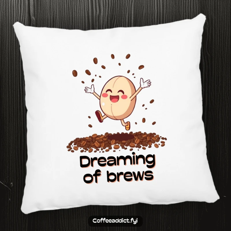 Funny Coffee Bean Leap Pillow: A plush pillow featuring a coffee bean character leaping with joy, scattering grounds.