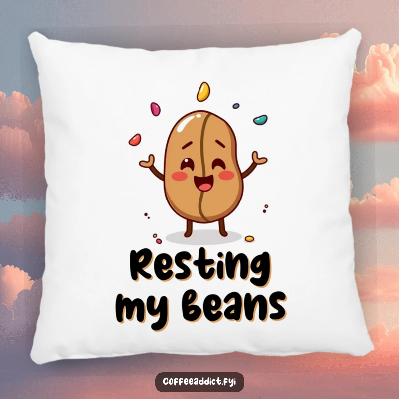 Funny decorative pillow featuring a cheerful coffee bean giggling and juggling three colorful sprinkles.