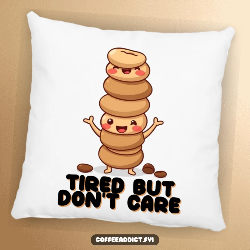 Funny pillow depicting a stack of happy, wobbly coffee beans in a silly pose, soft and amusing.