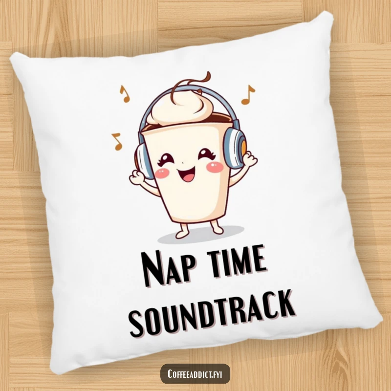 Funny coffee cup character wearing tiny headphones, grooving to music, printed on a soft, decorative pillow.