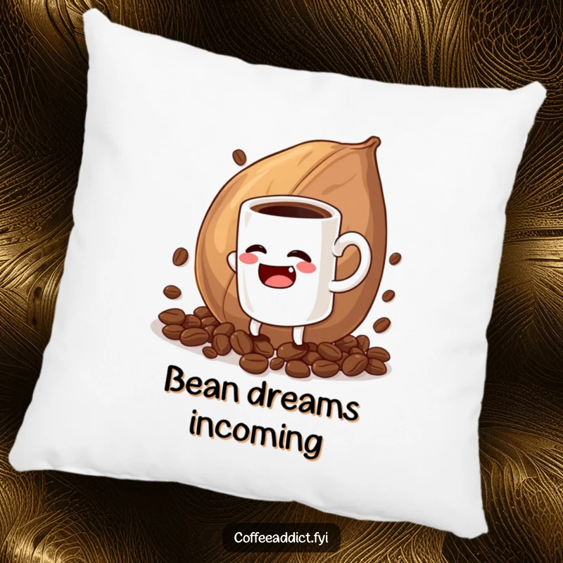 Funny pillow with a design of a coffee mug character dramatically pretending to struggle with a huge coffee bean, cozy humor.