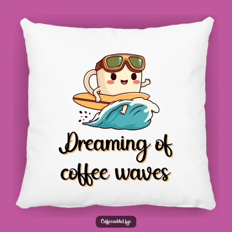 Funny Coffee Surfer Pillow: Goggled Character Rides Coffee Wave Comfort