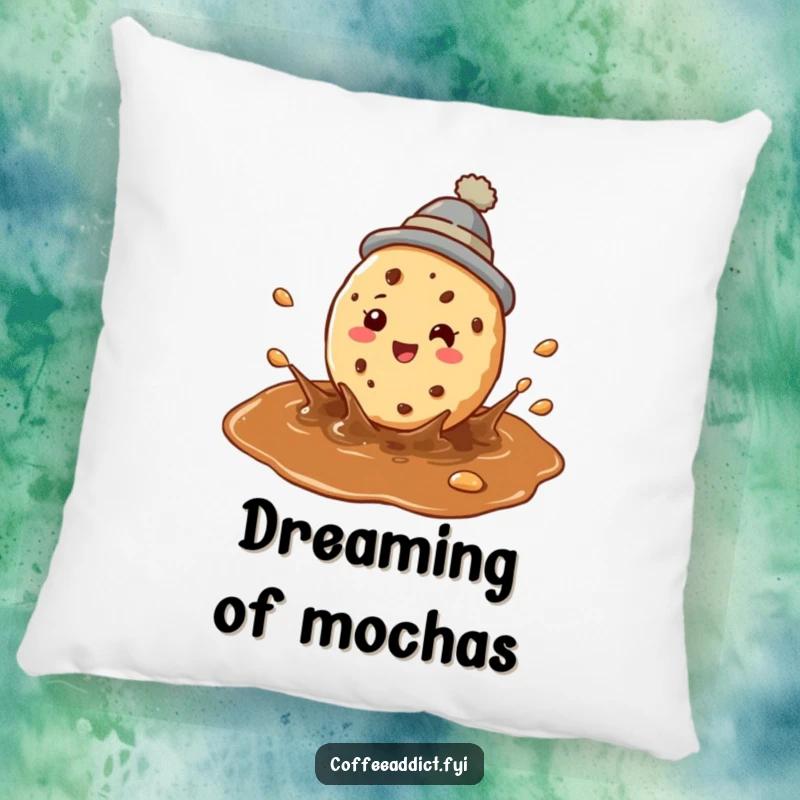 Funny cookie coffee pillow featuring a perky cookie wearing a hat splashing happily in a coffee puddle.