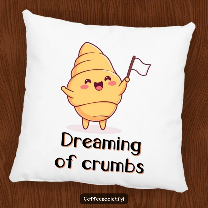 Funny decorative pillow featuring a delightful croissant holding and waving a tiny flag with cheer.