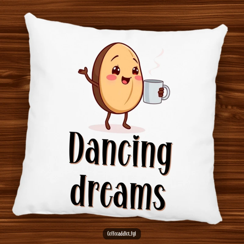 Funny dancing coffee bean pillow featuring a cheerful coffee bean doing a happy dance with a steaming mug.