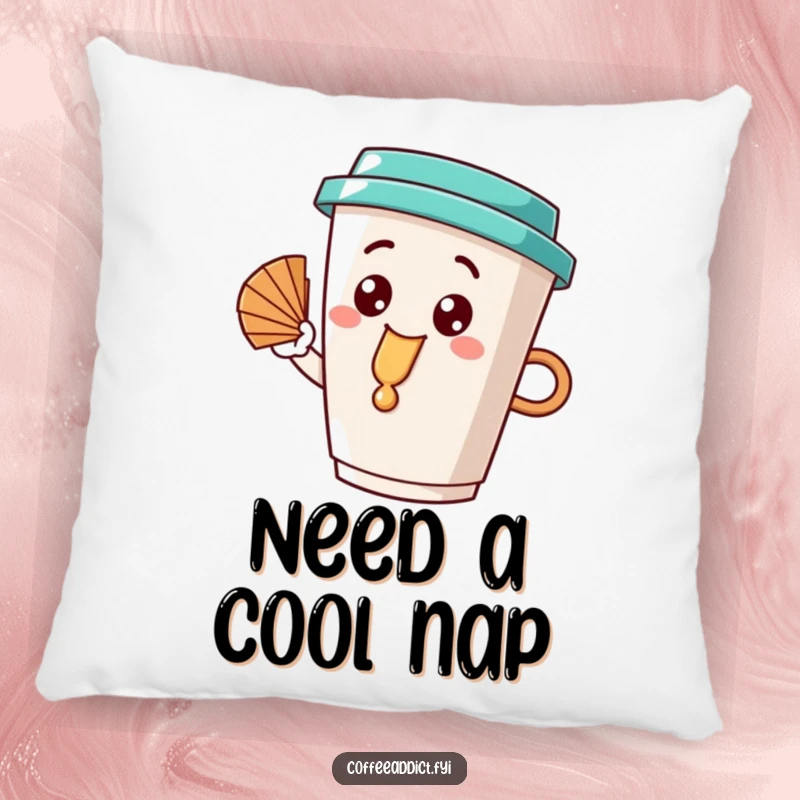 Funny coffee cup character with a happy dribble, fanning itself coyly on a plush pillow, adding a touch of lightheartedness.