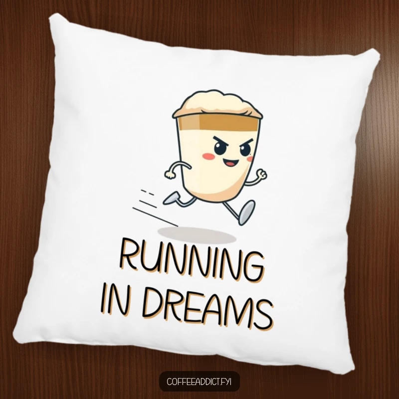Funny determined espresso shot character with tiny legs running fast, on a soft, plush pillow.