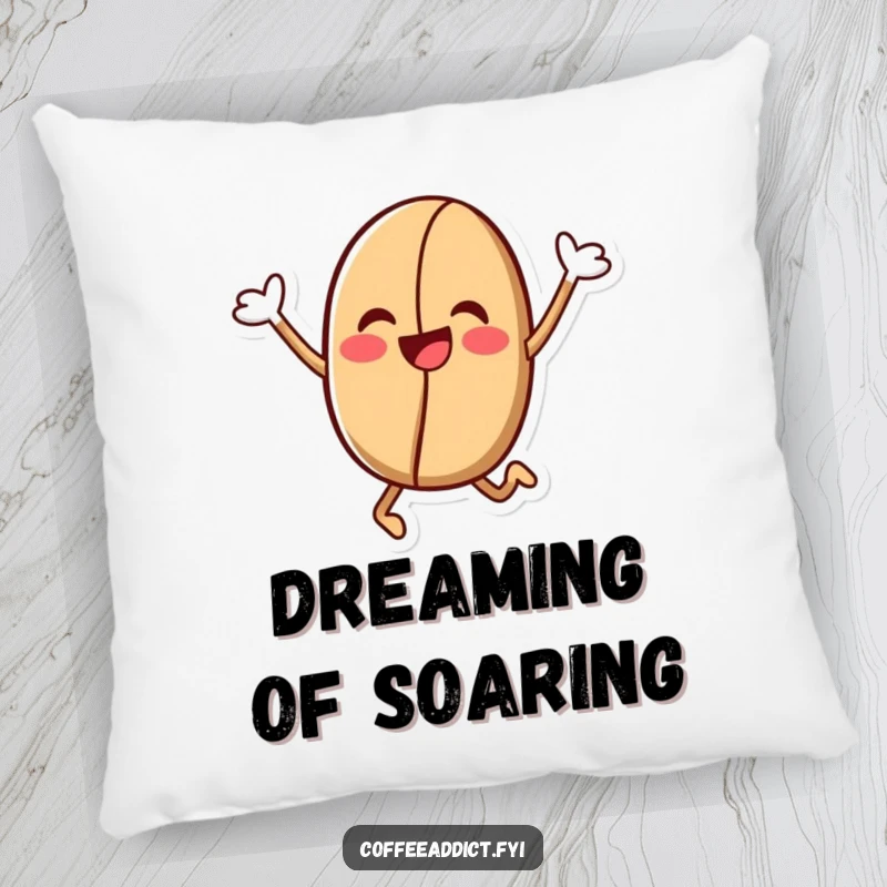 Funny Kawaii Coffee Bean Pillow: Soft cushion featuring a cute coffee bean character in a jubilant leap, for humorous and cozy coffee-lover decor.