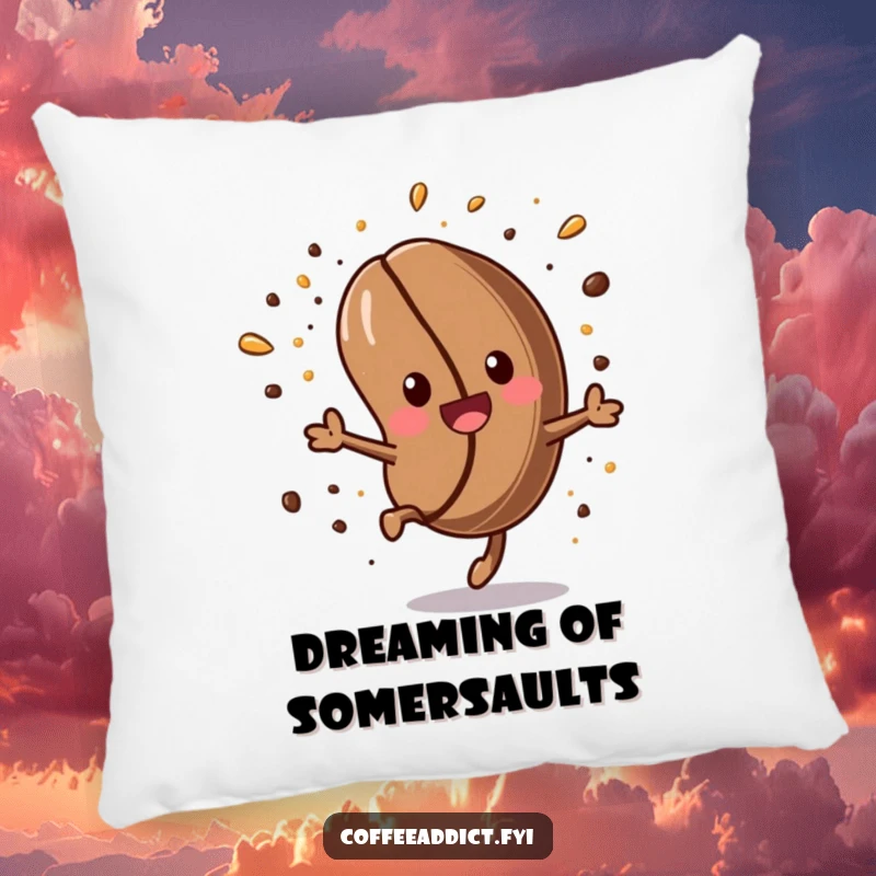 Funny Kawaii Coffee Bean Pillow: Soft and plush, featuring an energetic coffee bean doing a somersault, perfect for coffee lovers.