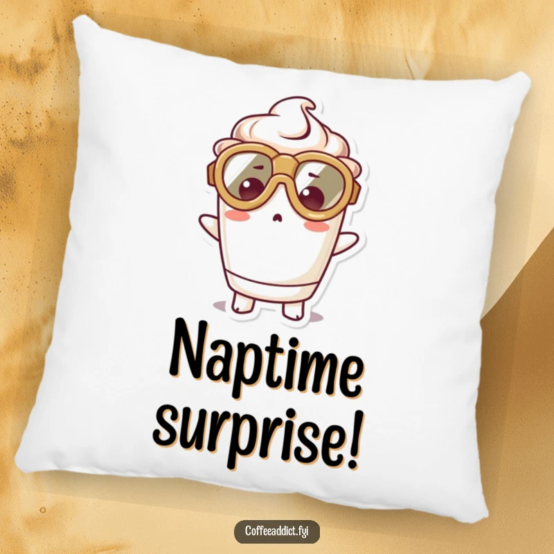 Funny pillow with a kawaii coffee cup character wearing large goggles, expressing comical surprise, offering soft comfort and charm.