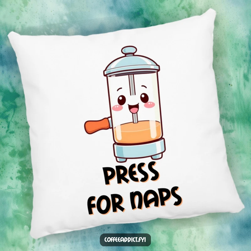 Funny Kawaii French press pillow with a smiling character pressing down with gusto, providing comfort and coffee vibes.
