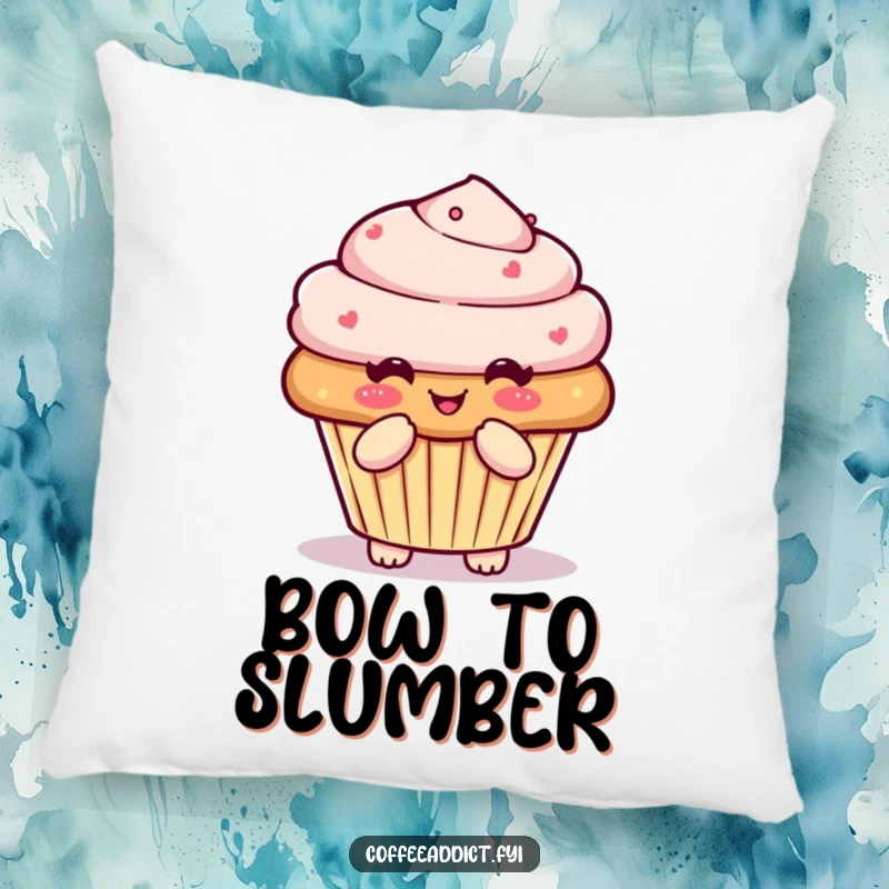 Funny Kawaii muffin pillow with a character doing a pleased little bow, bringing sweet comfort and charm.