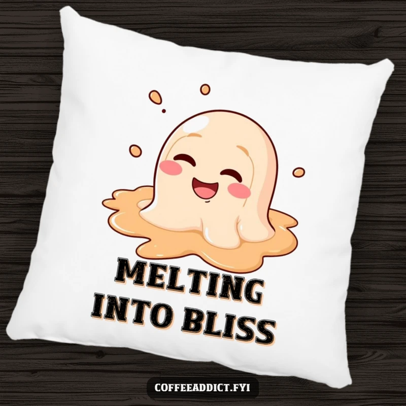 Funny pillow with a design of a coffee puddle character melting with a wide, goofy grin, offering cozy humor.