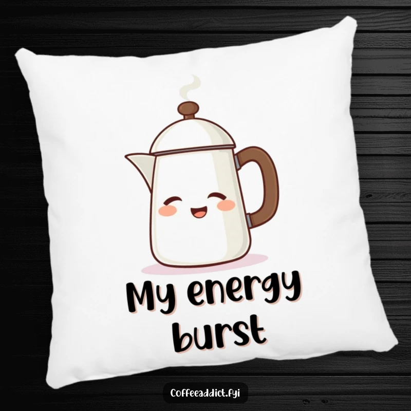 Funny pillow designed with a steaming coffee pot character winking energetically, perfect for cozy and humorous decor.