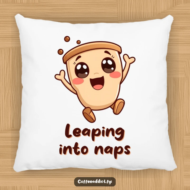 Funny pillow with an adorable kawaii coffee character doing an energetic and joyful leap, perfect for snuggles.