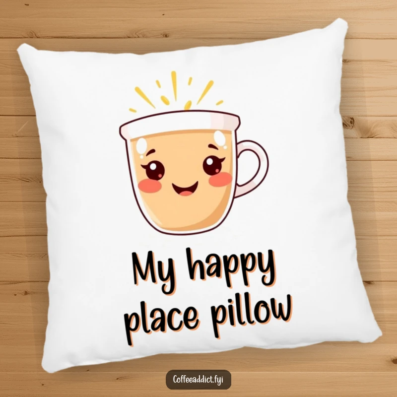 Funny Pillow: Coffee cup character with a radiant smile, emanating warmth and happiness, providing humorous comfort and cheerful decor.