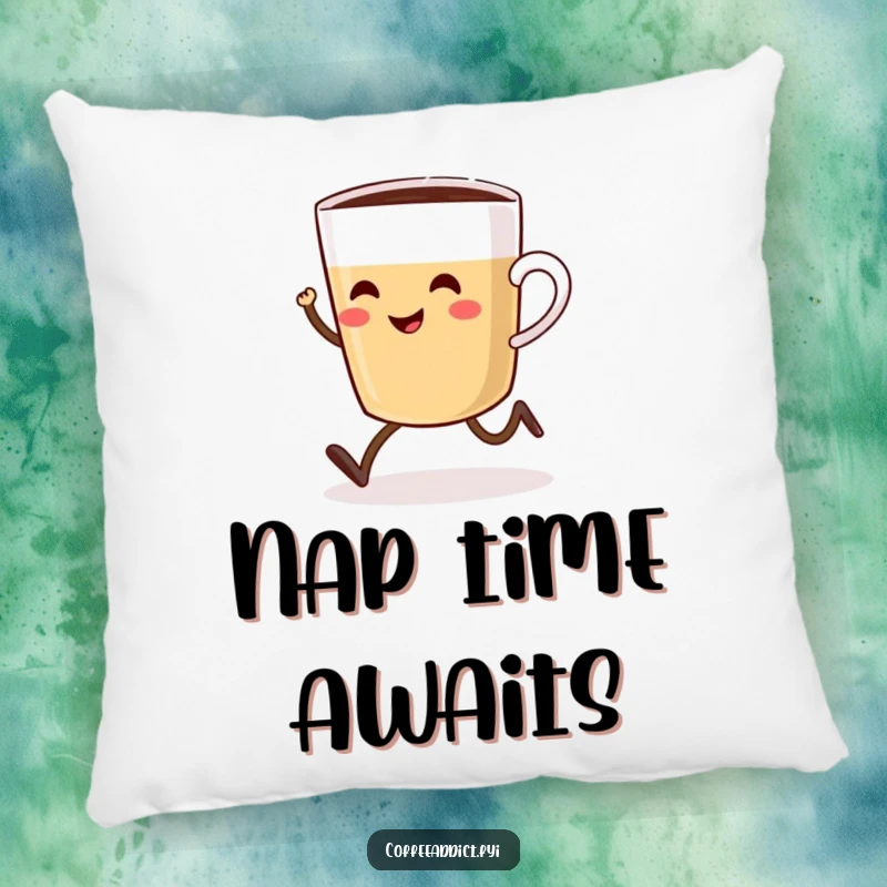 Funny decorative pillow featuring a smiling coffee cup with tiny legs joyfully sprinting towards a hot mug of coffee.