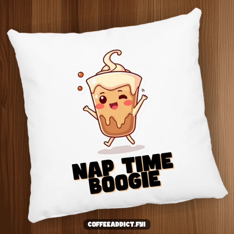Funny pillow with a dancing coffee drip character, adding comfort and a playful vibe to any seating.