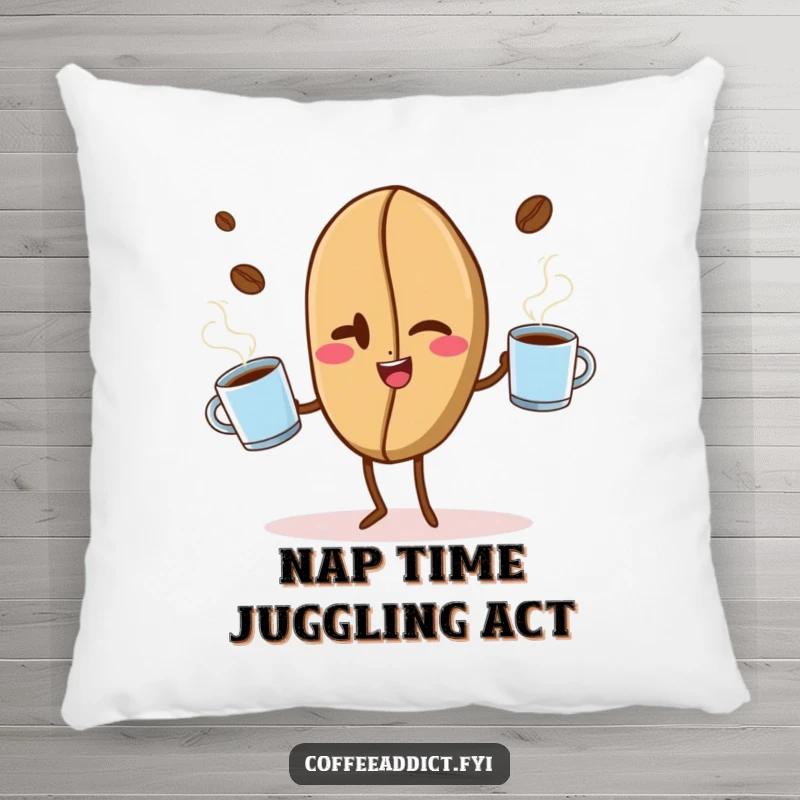 Funny accent pillow featuring a winking coffee bean energetically juggling steaming mugs, perfect for adding a humorous touch to furniture.