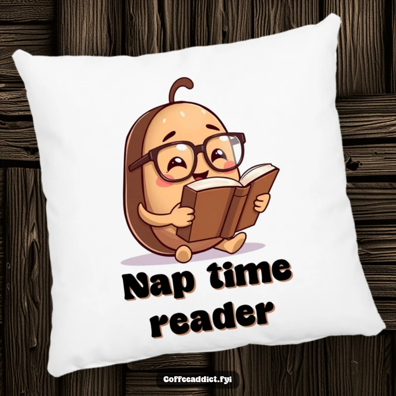 Funny Pillow: Coffee bean character in spectacles reading a massive book, providing humorous comfort and literary decor.
