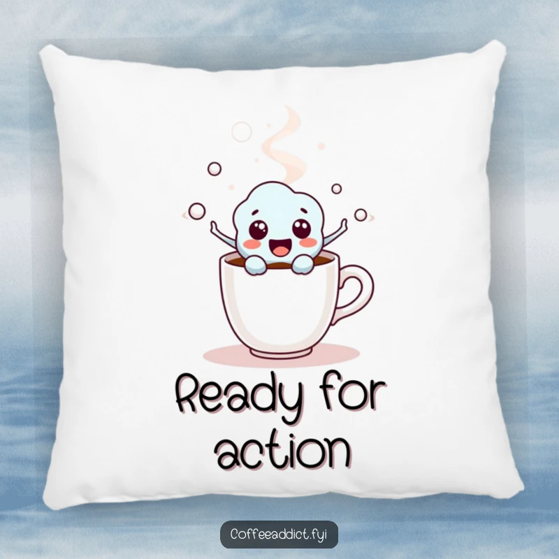 Funny Coffee Molecule Pillow featuring an excited character popping from a coffee cup, offering humorous comfort.