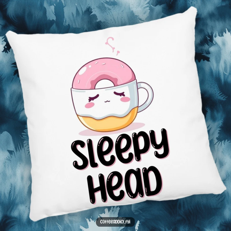 Funny donut pillow showing a sleepy donut nudged by a steaming coffee mug, offering sweet, cozy comfort.