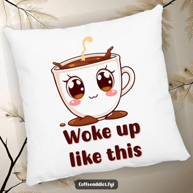 Funny decorative pillow showing a coffee cup character with large, extremely excited eyes, playfully spilling coffee, for cozy spaces.